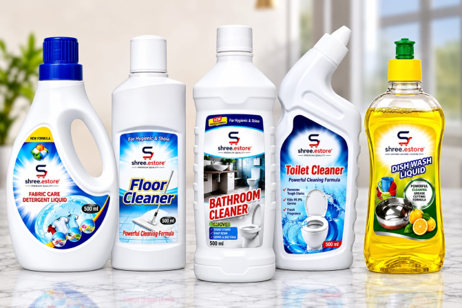 Premium cleaning products arranged professionally